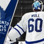 Joseph Woll of the Toronto Maple Leafs looking focused in net, subject of latest NHL trade rumors regarding a 2026 first-round draft pick.
