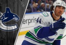 Vancouver Canucks forward Kiefer Sherwood celebrating a goal during an NHL game, subject of trade deadline rumors.