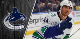Vancouver Canucks forward Kiefer Sherwood celebrating a goal during an NHL game, subject of trade deadline rumors.