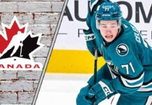Why Macklin Celebrini’s Team Canada Olympic Spot Is More Complicated Than You Think Macklin Celebrini skating in his NHL uniform, juxtaposed with the Team Canada logo, representing his Olympic roster debate.