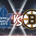 An artistic depiction of the Toronto Maple Leafs and Boston Bruins logos crashing together with "VS" in the middle, set against a blurred background of the Bruins' hockey arena under bright spotlights.