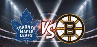 An artistic depiction of the Toronto Maple Leafs and Boston Bruins logos crashing together with "VS" in the middle, set against a blurred background of the Bruins' hockey arena under bright spotlights.
