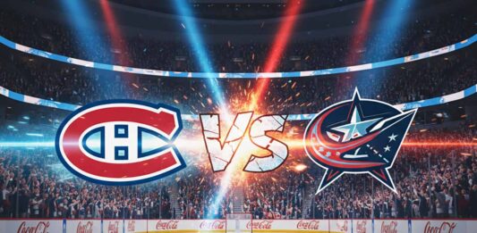 A widescreen, stylized image showing the Montreal Canadiens logo on the left and the Columbus Blue Jackets logo on the right, with a cracked "VS" text between them, as if they've just collided. The background is a dimly lit hockey arena with bright red and blue spotlights shining down on the logos.