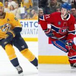 A split-screen graphic illustrating NHL trade rumors, featuring Ryan O'Reilly of the Nashville Predators on the left in his yellow uniform and Kaiden Guhle of the Montreal Canadiens on the right in his red uniform.