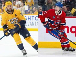 A split-screen graphic illustrating NHL trade rumors, featuring Ryan O'Reilly of the Nashville Predators on the left in his yellow uniform and Kaiden Guhle of the Montreal Canadiens on the right in his red uniform.