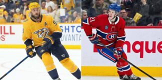 A split-screen graphic illustrating NHL trade rumors, featuring Ryan O'Reilly of the Nashville Predators on the left in his yellow uniform and Kaiden Guhle of the Montreal Canadiens on the right in his red uniform.