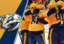 An overhead action shot of the Nashville Predators playing at Bridgestone Arena, illustrating the team's on-ice confusion.