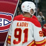 Montreal Canadiens logo and Calgary Flames center Nazem Kadri in a split-screen image, symbolizing trade speculation.