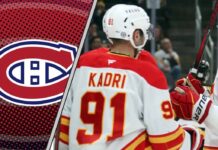 Montreal Canadiens logo and Calgary Flames center Nazem Kadri in a split-screen image, symbolizing trade speculation.