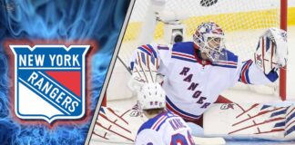 New York Rangers goalie Igor Shesterkin making a glove save, symbolizing the team's renewed defensive structure under Mike Sullivan.