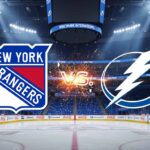 New York Rangers and Tampa Bay Lightning logos clashing with a "Vs." graphic between them, set against a backdrop of a crowded hockey arena with bright spotlights.