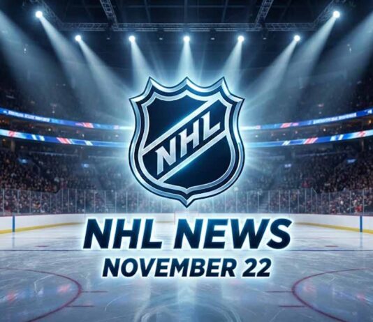 Stylized NHL shield logo with "NHL NEWS" and "NOVEMBER 22" text below it, illuminated by spotlights on a professional hockey rink in a packed arena.