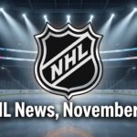 A stylized NHL shield logo illuminated by spotlights in the center of a hockey arena rink. Below the logo, white text reads "NHL News, November 21".