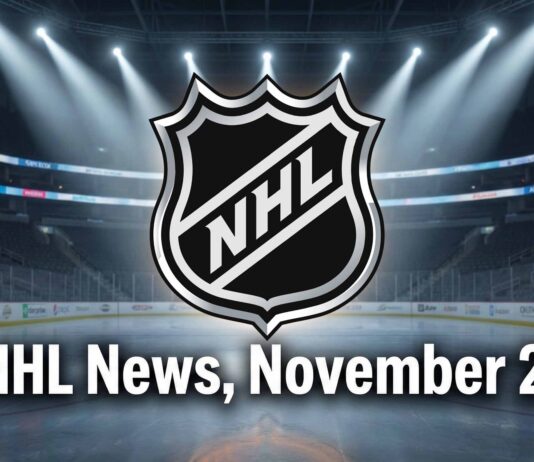 A stylized NHL shield logo illuminated by spotlights in the center of a hockey arena rink. Below the logo, white text reads "NHL News, November 21".
