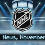 Wallstedt’s Wall & Celebrini’s Rise: NHL News November 24, 2025 The NHL shield logo hovering above a digital scoreboard display that reads "NHL News, November 24", set against a dramatically lit, empty hockey arena background.