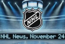 The NHL shield logo hovering above a digital scoreboard display that reads "NHL News, November 24", set against a dramatically lit, empty hockey arena background.