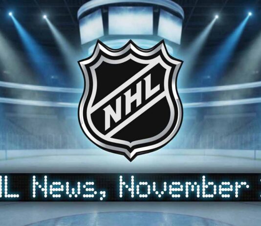 Wallstedt’s Wall & Celebrini’s Rise: NHL News November 24, 2025 The NHL shield logo hovering above a digital scoreboard display that reads "NHL News, November 24", set against a dramatically lit, empty hockey arena background.