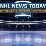NHL News November 25, 2025: Cooley’s 4-Goal Game & Jets Trade Rumors Graphic overlay above an empty NHL hockey arena ice rink reading "NHL NEWS TODAY" followed by large orange text stating "TRADE WINDS SWIRL IN WINNIPEG AND VANCOUVER".