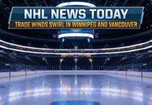 Graphic overlay above an empty NHL hockey arena ice rink reading "NHL NEWS TODAY" followed by large orange text stating "TRADE WINDS SWIRL IN WINNIPEG AND VANCOUVER".
