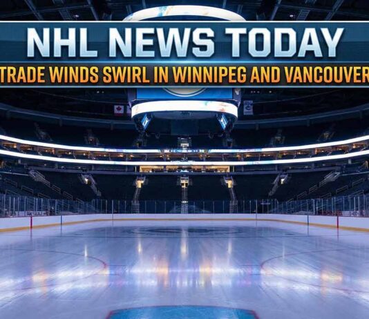 NHL News November 25, 2025: Cooley’s 4-Goal Game & Jets Trade Rumors Graphic overlay above an empty NHL hockey arena ice rink reading "NHL NEWS TODAY" followed by large orange text stating "TRADE WINDS SWIRL IN WINNIPEG AND VANCOUVER".