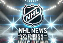 NHL News November 6, 2025: Crosby Wins 99th Rivalry Showdown, Ovi’s 900th Goal Puck Saga Stylized image of a metallic NHL-inspired logo with the text “NHL News, November 6” below it, centered in a misty, spotlight-lit hockey arena. Blue and white lights beam down from above, casting reflections on the glowing ice surface, creating a bold and professional sports broadcast atmosphere.