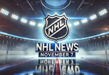 NHL News November 7, 2025: Kaprizov Shines, Rangers Win Big & Bedard Streaking Stylized image of a hockey arena with spotlights focused on an NHL-inspired logo and the text “NHL News, November 7” beneath it, with mist and reflections on the ice.