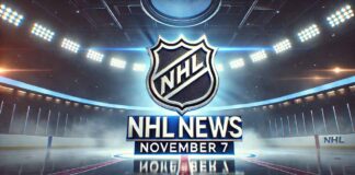 Stylized image of a hockey arena with spotlights focused on an NHL-inspired logo and the text “NHL News, November 7” beneath it, with mist and reflections on the ice.