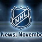 Silver and blue NHL shield logo above glowing text "NHL News, November 20" centered on a darkened ice hockey rink with spotlights.