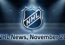 Silver and blue NHL shield logo above glowing text "NHL News, November 20" centered on a darkened ice hockey rink with spotlights.