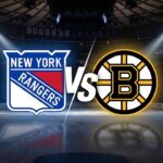 Stylized graphic showing the New York Rangers logo on the left facing off against the Boston Bruins logo on the right, separated by a large "VS". They are illuminated by spotlights on the ice surface of a dimly lit hockey arena.