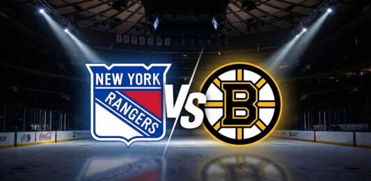 Stylized graphic showing the New York Rangers logo on the left facing off against the Boston Bruins logo on the right, separated by a large "VS". They are illuminated by spotlights on the ice surface of a dimly lit hockey arena.