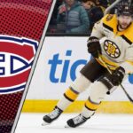 Boston Bruins center Pavel Zacha skates up ice, with the Montreal Canadiens logo superimposed in the background, illustrating a potential NHL trade rumor.