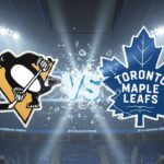 A stylized matchup graphic showing the Pittsburgh Penguins and Toronto Maple Leafs logos colliding, with the word 'VS' shattering between them, all set against the backdrop of the Maple Leafs' home arena with spotlights.