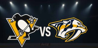 Stylized Pittsburgh Penguins and Nashville Predators logos with “Vs” in between, spotlighted over Bridgestone Arena ice surface with Coca-Cola branding on boards.