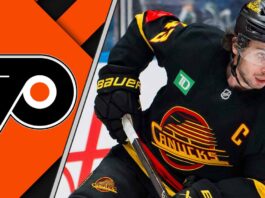 Philadelphia Flyers trade rumors graphic featuring Vancouver Canucks defenseman Quinn Hughes and Flyers logo to the left