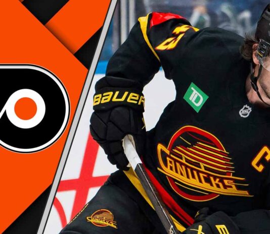 Philadelphia Flyers trade rumors graphic featuring Vancouver Canucks defenseman Quinn Hughes and Flyers logo to the left