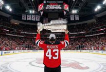 A wide-angle photograph from behind shows a New Jersey Devils hockey player wearing jersey number 43 with the name "HUGHES" across the back, holding the silver Stanley Cup trophy overhead with both hands at center ice of a packed Prudential Center, while the Jumbotron above reads "DEVILS STANLEY CUP CHAMPIONS."