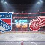 Rangers vs Red Wings Tonight: Where to Watch, Who’s Hurt & Who Wins? The New York Rangers and Detroit Red Wings logos colliding over center ice in a hockey arena, with the word 'VS' in the middle and spotlights shining down.