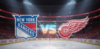 The New York Rangers and Detroit Red Wings logos colliding over center ice in a hockey arena, with the word 'VS' in the middle and spotlights shining down.