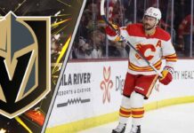 Rasmus Andersson Calgary Flames defense skating with puck potential trade target for Vegas Golden Knights.