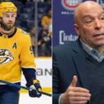 Insider Links Montreal Canadiens to Ryan O’Reilly: A Shift in Strategy? A split image graphic. Left side: Ryan O'Reilly in a Predators jersey. Right side: Kent Hughes looking contemplative.