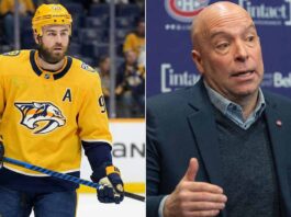 Insider Links Montreal Canadiens to Ryan O’Reilly: A Shift in Strategy? A split image graphic. Left side: Ryan O'Reilly in a Predators jersey. Right side: Kent Hughes looking contemplative.
