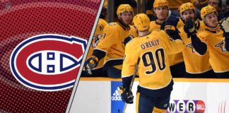Nashville Predators center Ryan O'Reilly celebrating a goal, analyzed as a potential trade target for the Montreal Canadiens.
