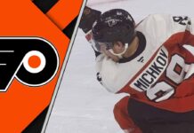 Philadelphia Flyers forward Matvei Michkov taking a shot on goal