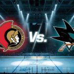 A widescreen graphic depicting the stylized logos of the Ottawa Senators and San Jose Sharks colliding, with the text "Vs." between them. Spotlights illuminate the logos against the backdrop of the ice rink and seating inside the SAP Center in San Jose.