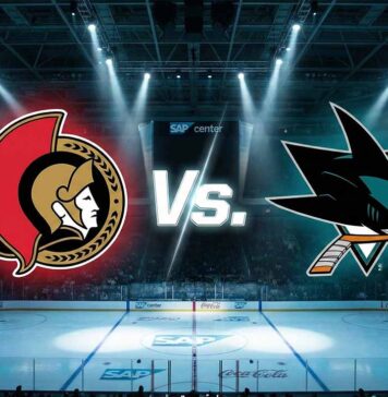 A widescreen graphic depicting the stylized logos of the Ottawa Senators and San Jose Sharks colliding, with the text "Vs." between them. Spotlights illuminate the logos against the backdrop of the ice rink and seating inside the SAP Center in San Jose.