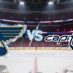 Can the Blues Upset the Capitals? How to Watch, Stats & Bold Predictions A stylized, widescreen matchup graphic showing the St. Louis Blues logo, covered in frost, and the Washington Capitals logo, engulfed in flames, colliding over center ice. An icy 'VS' text separates them. The background features a wide view of the Capitals' home arena, with spotlights shining on the logos and Coca-Cola decals visible on the boards.