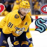 Steven Stamkos in a yellow Nashville Predators jersey on the ice, surrounded by the team logos of the Carolina Hurricanes, Detroit Red Wings, Montreal Canadiens, Seattle Kraken, and Winnipeg Jets.