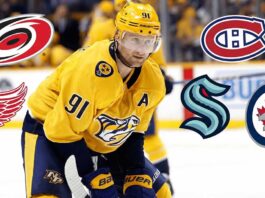 Steven Stamkos in a yellow Nashville Predators jersey on the ice, surrounded by the team logos of the Carolina Hurricanes, Detroit Red Wings, Montreal Canadiens, Seattle Kraken, and Winnipeg Jets.