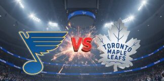 St. Louis Blues and Toronto Maple Leafs logos with the word vs. beltween the logos on a background on the Leafs hockey arena.